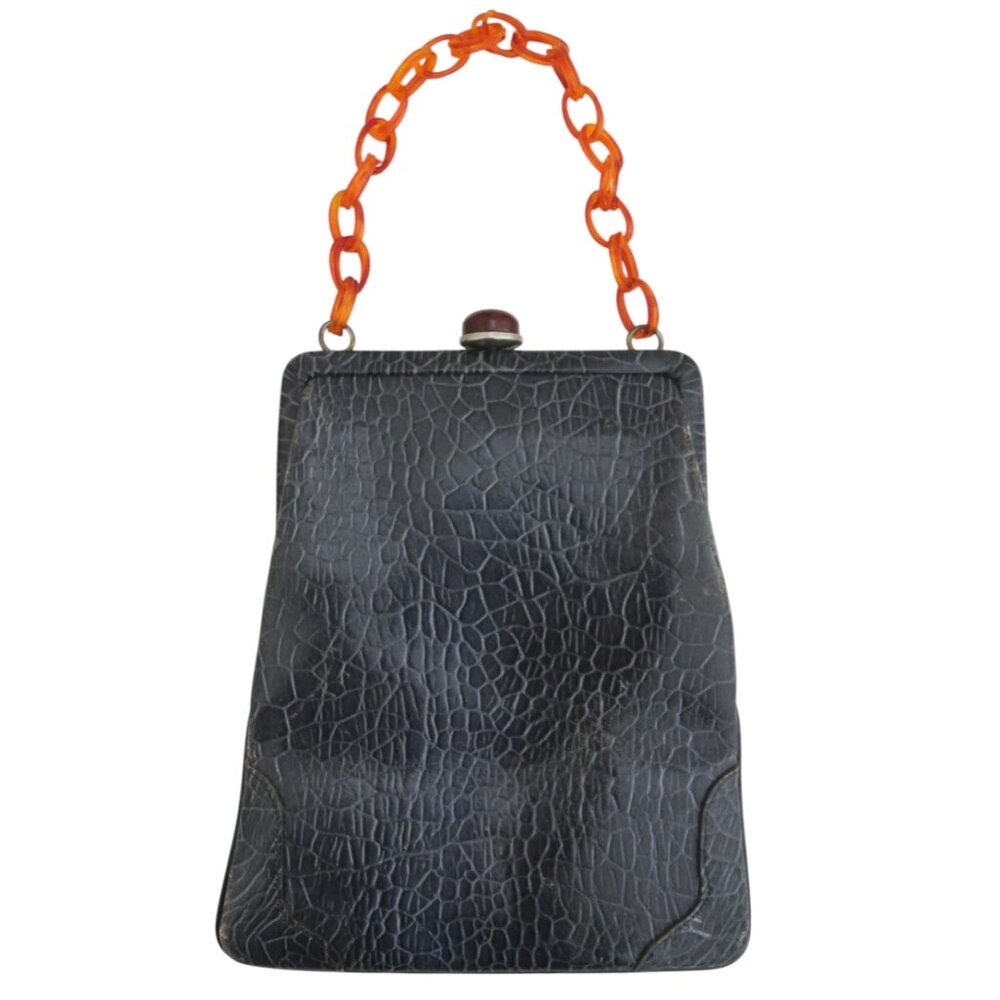 vtg 40s 50s RONAY Framed Croco emboss leather hand bag w Plastic chain
